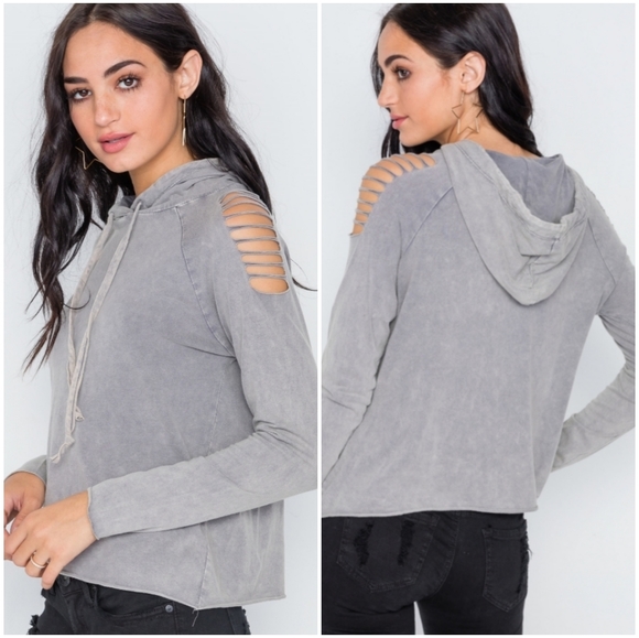 Gilded Intent Tops - 🖤Gray Ladder Slash Cut Sleeve Hoodie Top